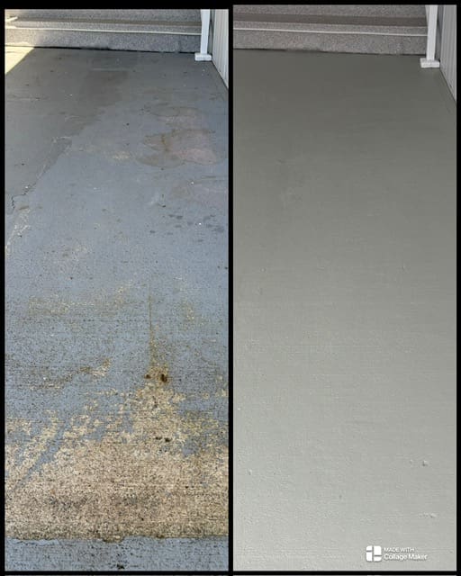 Before and after comparison of a worn residential concrete patio and the final result after professional concrete cleaning and sealing in Victoria BC.