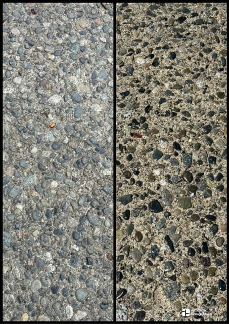 Side-by-side comparison of unsealed versus sealed exposed aggregate concrete in Victoria, BC, showing how sealer enhances color and provides a protective wet-look finish.
