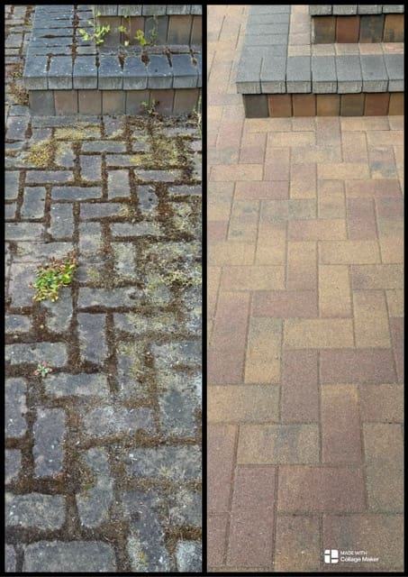 A before and after comparison of a tan herringbone paver patio and steps, showing the total removal of heavy moss, weeds, and grime to restore the original stone color in Victoria, BC.