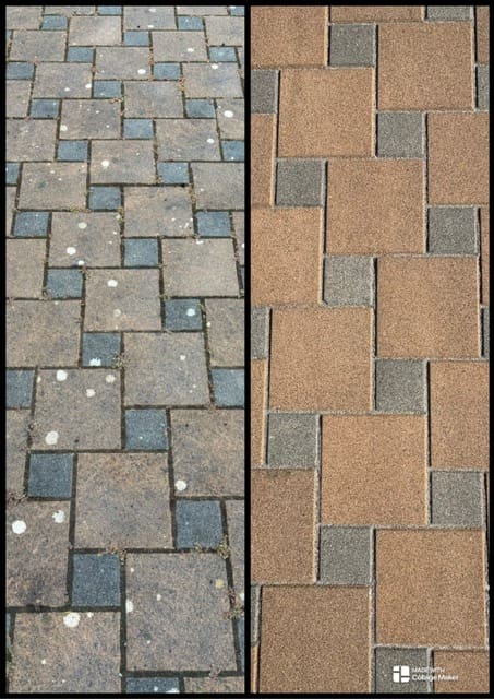 A before and after comparison of a stone patio in Victoria, BC, showing dirty, weed-filled joints replaced with fresh tan polymeric sand for a clean, stabilized finish.