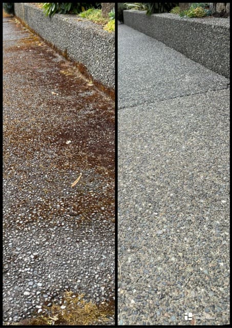 Before and after comparison of a concrete driveway in Victoria, BC, showing the removal of heavy moss and dirt buildup to reveal a clean, restored aggregate surface