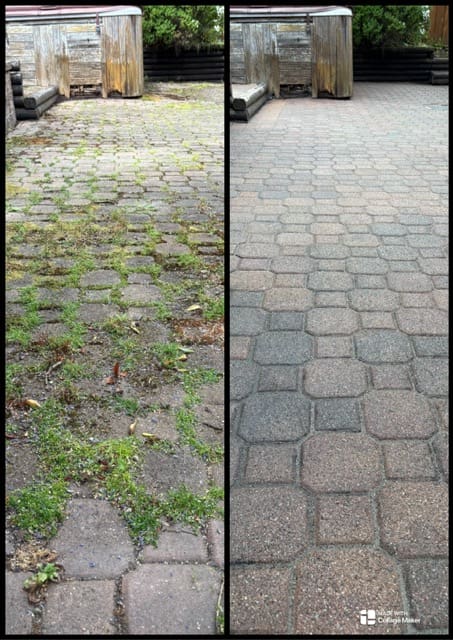 Side-by-side comparison of a dirty brick paver driveway with moss growth versus a clean, restored driveway after professional pressure washing services.