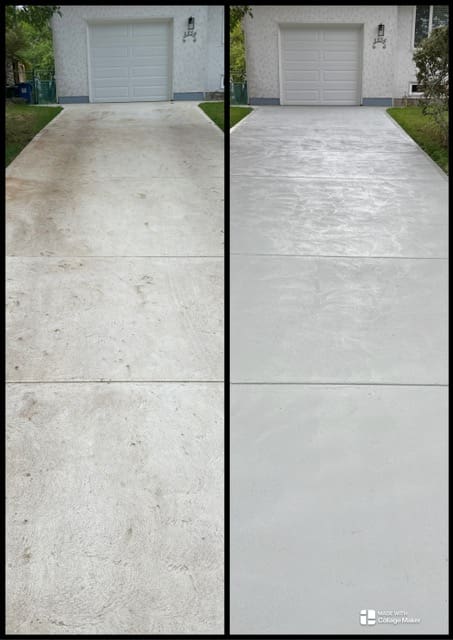 A before and after comparison of a concrete driveway in Victoria, BC, showing the transformation from a stained, weathered surface to a clean, uniform finish using professional coloured sealant.